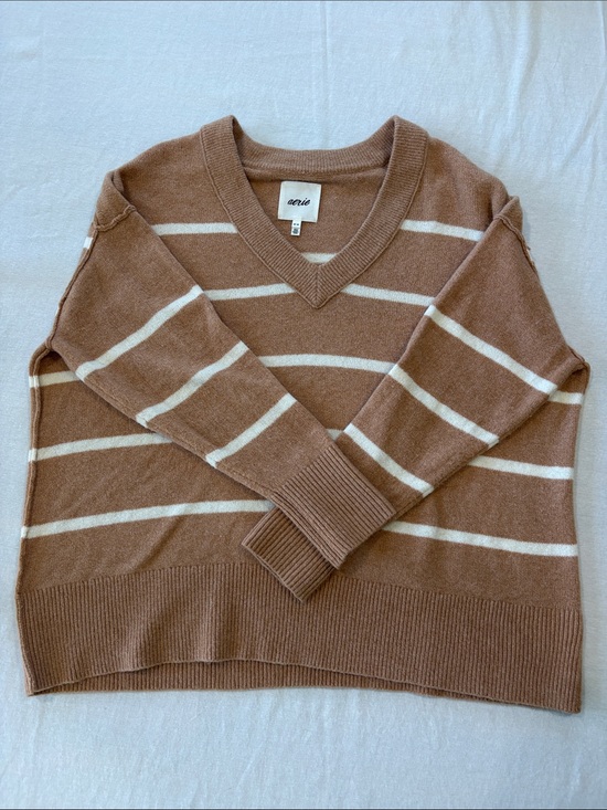 aerie Sweaters - aerie Tan and White Striped V-Neck Sweater